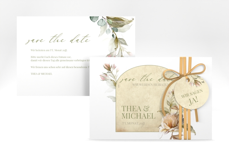 Save the Date-Karte Dornröschen A6 Karte quer weiss mit Aquarell-Rosen im Vintage-Look