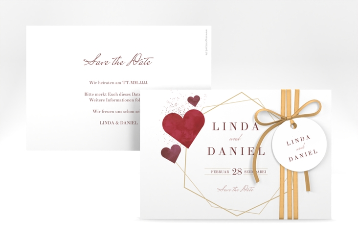 Save the Date-Karte Herzlich A6 Karte quer gold hochglanz mit Goldrahmen und roten Herzen