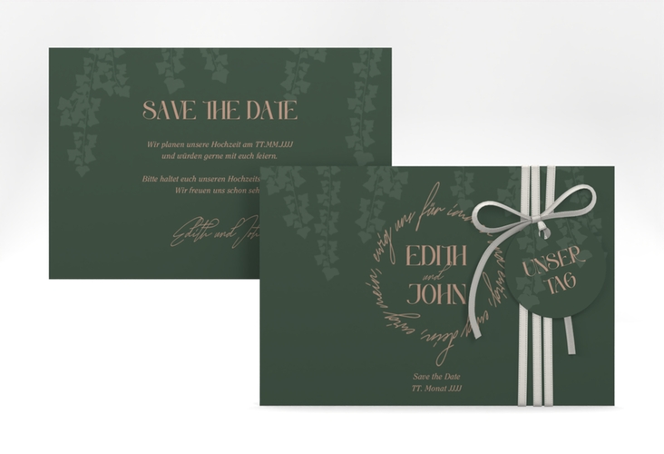 Save the Date-Karte Efeugrün A6 Karte quer im Fantasy-Elfen-Design mit Efeu