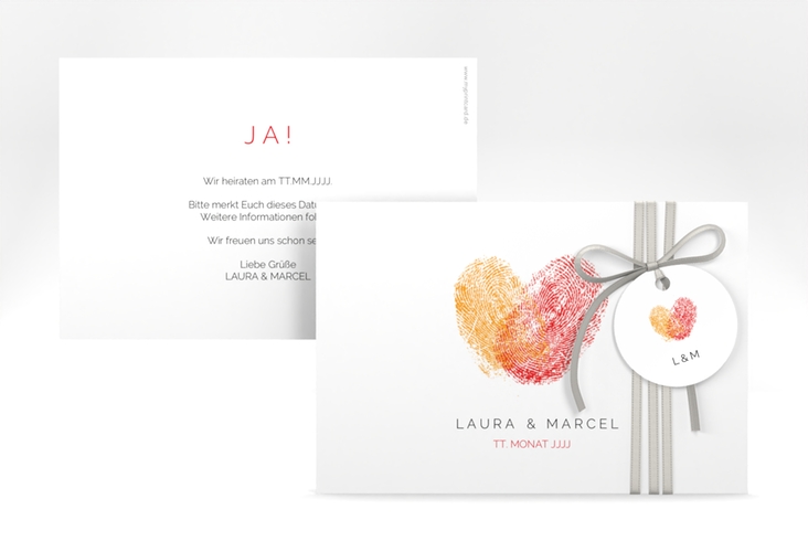 Save the Date-Karte Fingerprint A6 Karte quer rot schlicht mit Fingerabdruck-Motiv