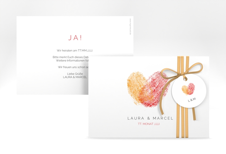 Save the Date-Karte Fingerprint A6 Karte quer rot schlicht mit Fingerabdruck-Motiv