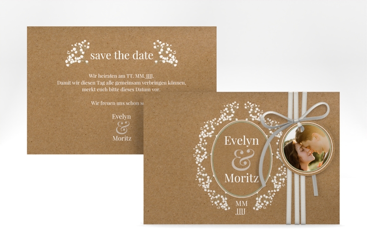 Save the Date-Karte Gypsophila A6 Karte quer im Vintage-Stil mit Blumenkranz aus Schleierkraut
