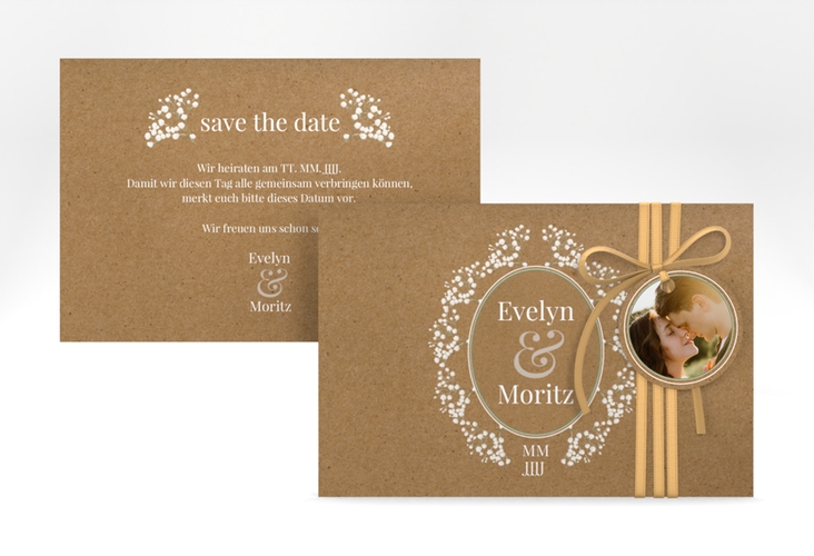 Save the Date-Karte Gypsophila A6 Karte quer im Vintage-Stil mit Blumenkranz aus Schleierkraut