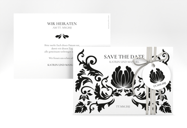 Save the Date-Karte Royal A6 Karte quer weiss mit barockem Blumen-Ornament