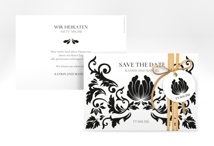 Save the Date-Karte Royal A6 Karte quer weiss mit barockem Blumen-Ornament