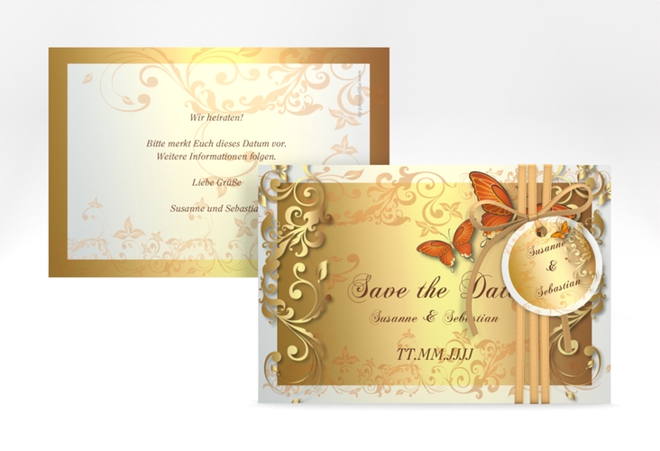 Save the Date-Karte Hochzeit Toulouse A6 Karte quer orange hochglanz romantisch mit Schmetterlingen