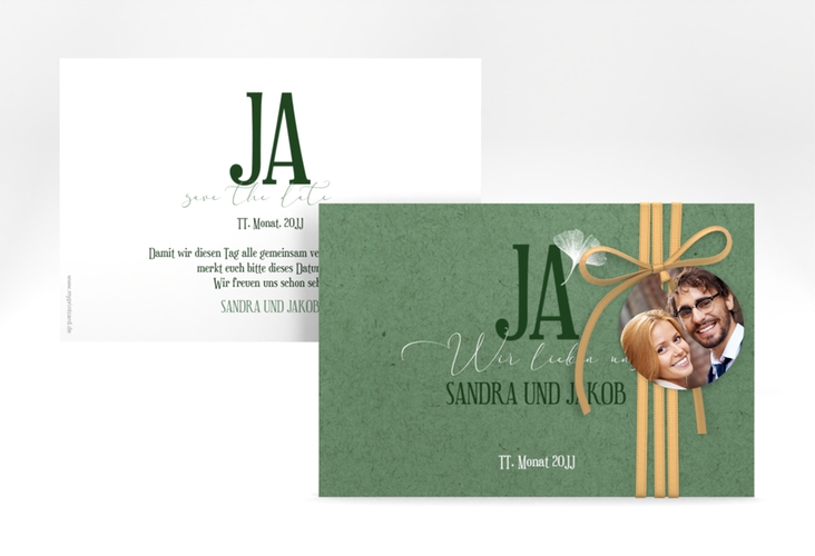Save the Date-Karte Ja A6 Karte quer gruen hochglanz mit Ginkgo-Blatt