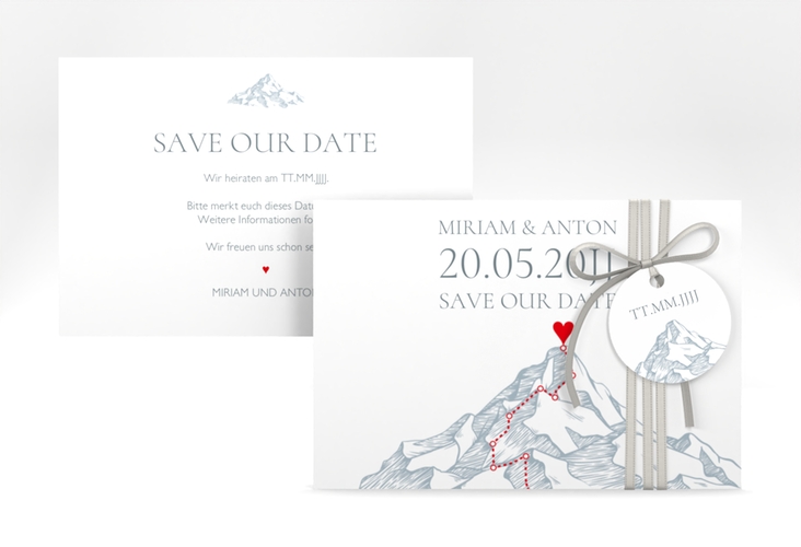 Save the Date-Karte Berge A6 Karte quer blau mit Berggipfel und eingezeichneter Route zum Herzen