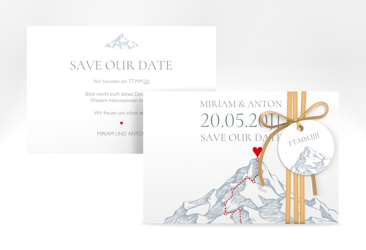 Save the Date-Karte Berge A6 Karte quer blau mit Berggipfel und eingezeichneter Route zum Herzen