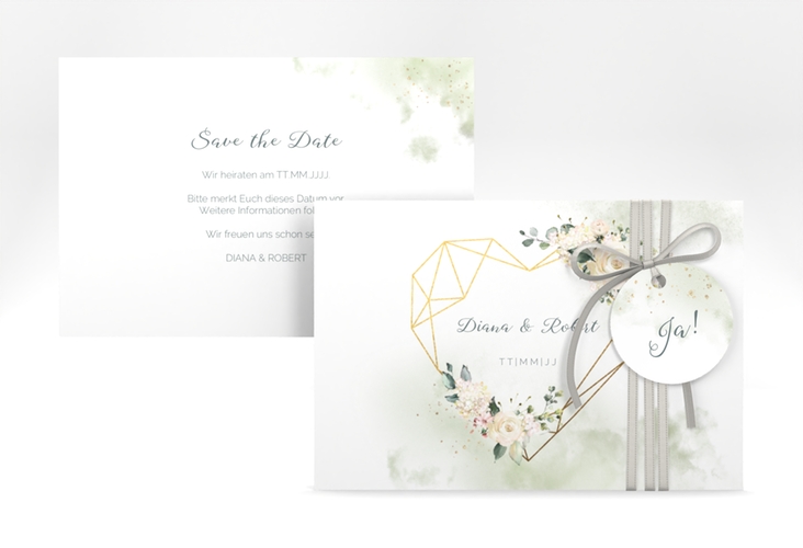 Save the Date-Karte Adore A6 Karte quer mit geometrischem Herz und Rosen in Aquarell