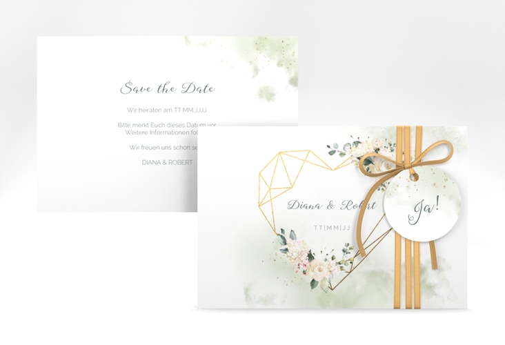 Save the Date-Karte Adore A6 Karte quer mit geometrischem Herz und Rosen in Aquarell