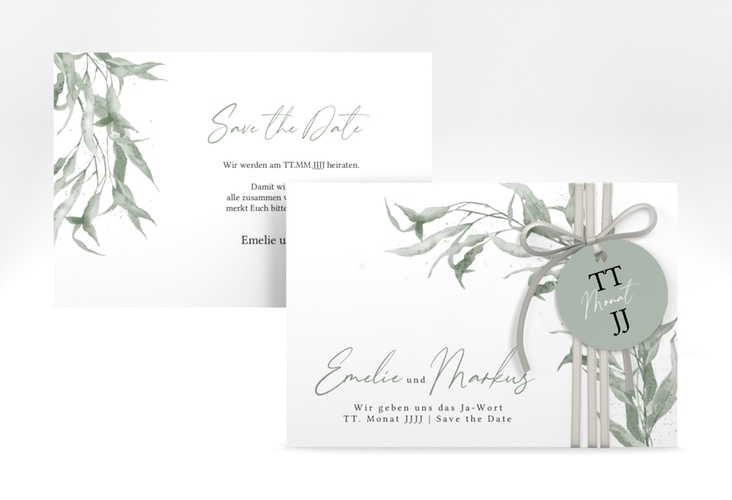 Save the Date-Karte Eucalyptus Green A6 Karte quer weiss hochglanz