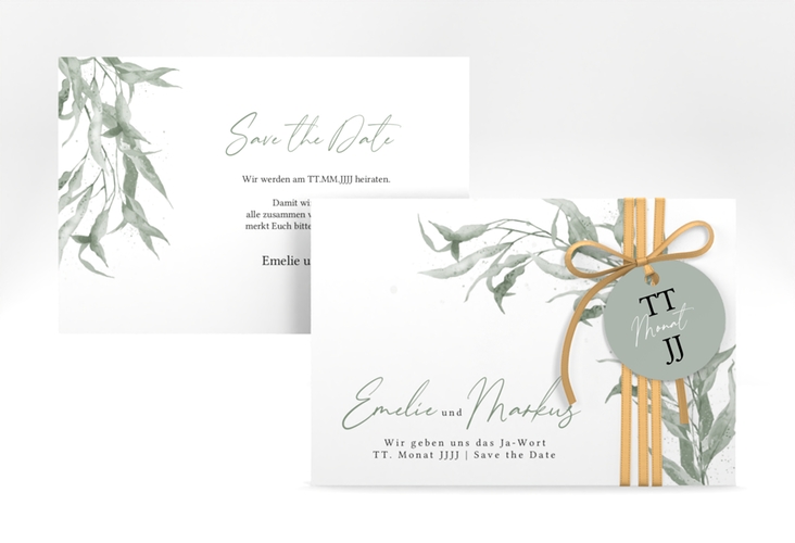 Save the Date-Karte Eucalyptus Green A6 Karte quer weiss hochglanz