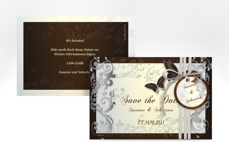 Save the Date-Karte Hochzeit Toulouse A6 Karte quer braun hochglanz romantisch mit Schmetterlingen