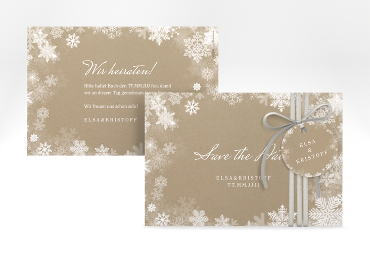 Save the Date-Karte Snowfall A6 Karte quer Kraftpapier mit Schneeflocken für Winterhochzeit