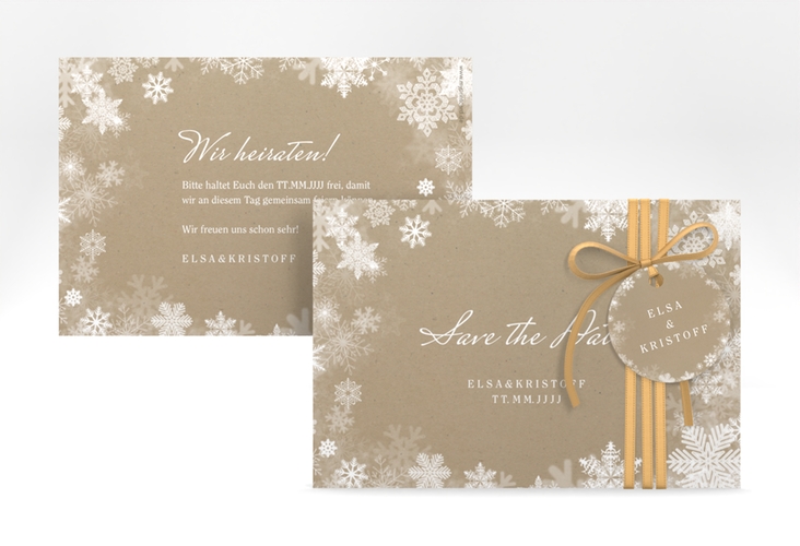 Save the Date-Karte Snowfall A6 Karte quer Kraftpapier mit Schneeflocken für Winterhochzeit