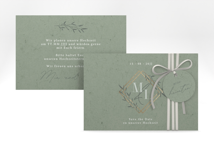 Save the Date-Karte Greenletter A6 Karte quer mit Initialen in elegantem Goldrahmen mit Blättern