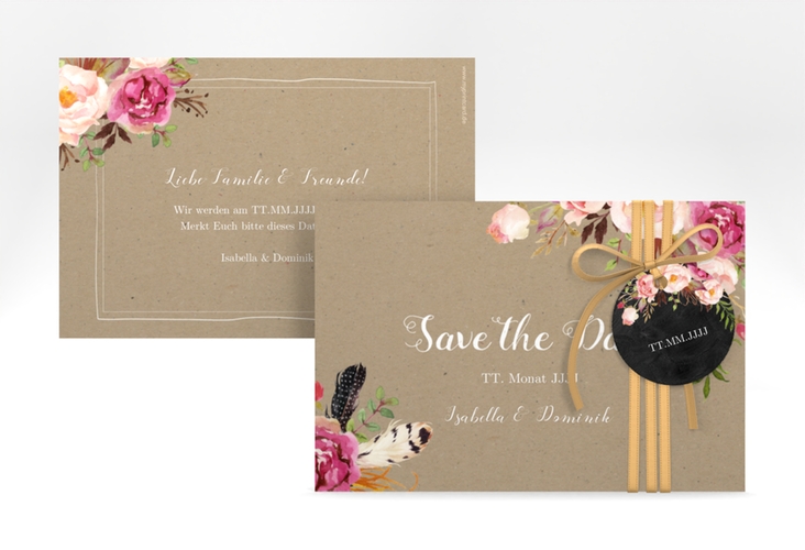 Save the Date-Karte Flowers A6 Karte quer Kraftpapier hochglanz mit bunten Aquarell-Blumen