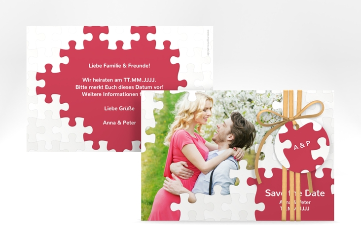 Save the Date-Karte Hochzeit Puzzle A6 Karte quer rot hochglanz