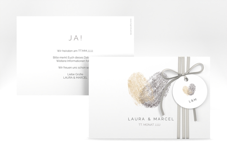 Save the Date-Karte Fingerprint A6 Karte quer beige schlicht mit Fingerabdruck-Motiv
