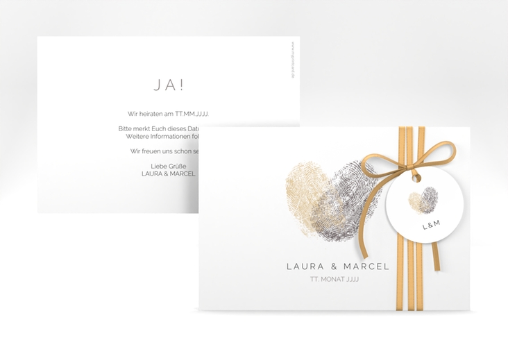 Save the Date-Karte Fingerprint A6 Karte quer beige schlicht mit Fingerabdruck-Motiv