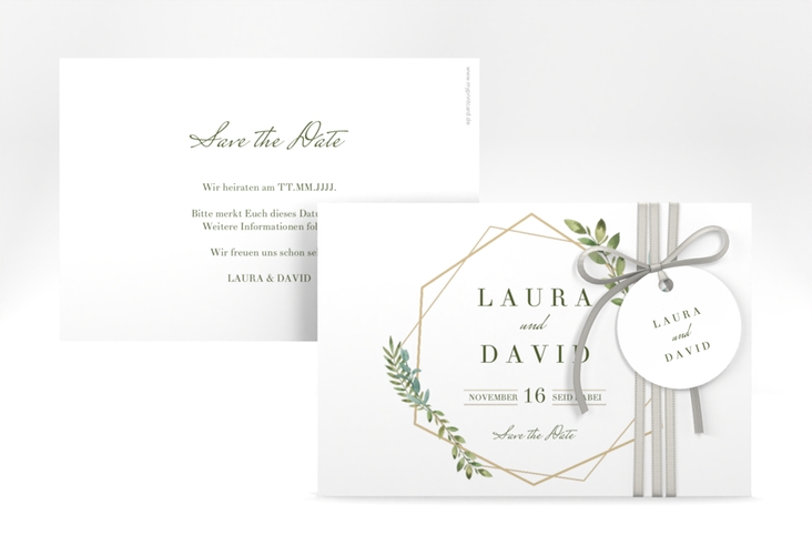 Save the Date-Karte Herbarium A6 Karte quer gold hochglanz mit geometrischem Rahmen und Blätter-Dekor