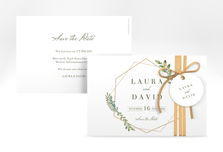 Save the Date-Karte Herbarium A6 Karte quer gold hochglanz mit geometrischem Rahmen und Blätter-Dekor