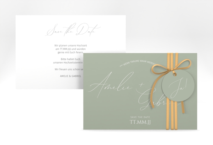 Save the Date-Karte Federschrift A6 Karte quer gruen in schlichtem Design mit Kalligrafie