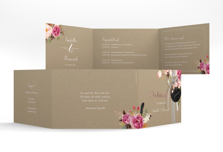 Hochzeitseinladung Flowers A6 Doppel-Klappkarte Kraftpapier rosegold mit bunten Aquarell-Blumen