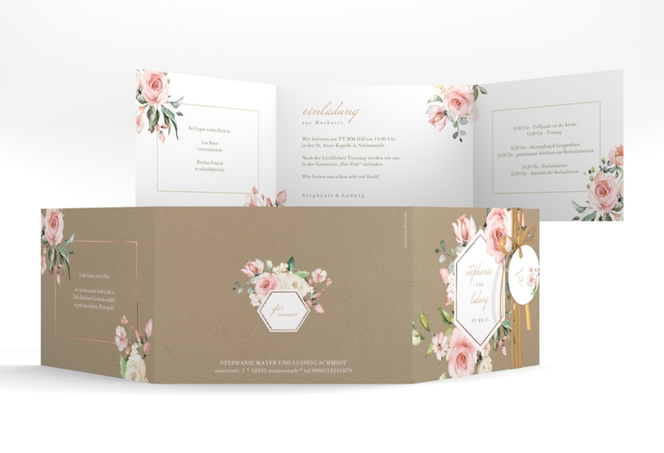 Hochzeitseinladung Graceful A6 Doppel-Klappkarte Kraftpapier rosegold mit Rosenblüten in Rosa und Weiß