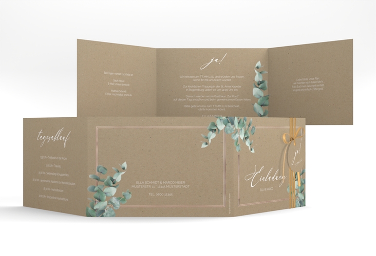 Hochzeitseinladung Eucalypt A6 Doppel-Klappkarte Kraftpapier rosegold mit Eukalyptus und edlem Rahmen