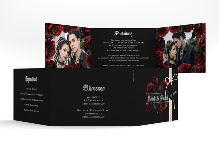 Hochzeitseinladung Gothic Rose A6 Doppel-Klappkarte silber