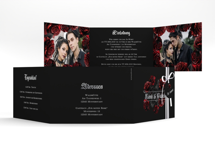 Hochzeitseinladung Gothic Rose A6 Doppel-Klappkarte silber