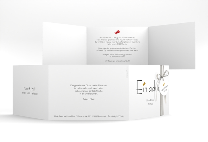 Hochzeitseinladung Twohearts A6 Doppel-Klappkarte gold