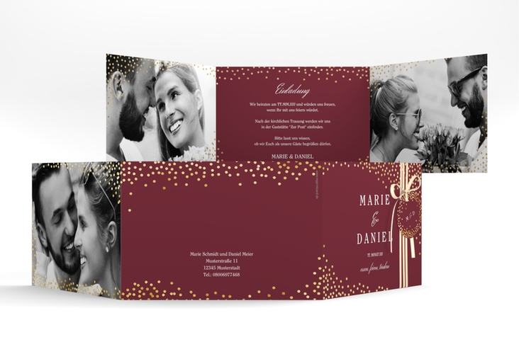 Hochzeitseinladung Glitter A6 Doppel-Klappkarte rot gold