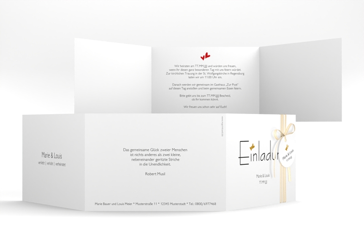 Hochzeitseinladung Twohearts A6 Doppel-Klappkarte rot gold