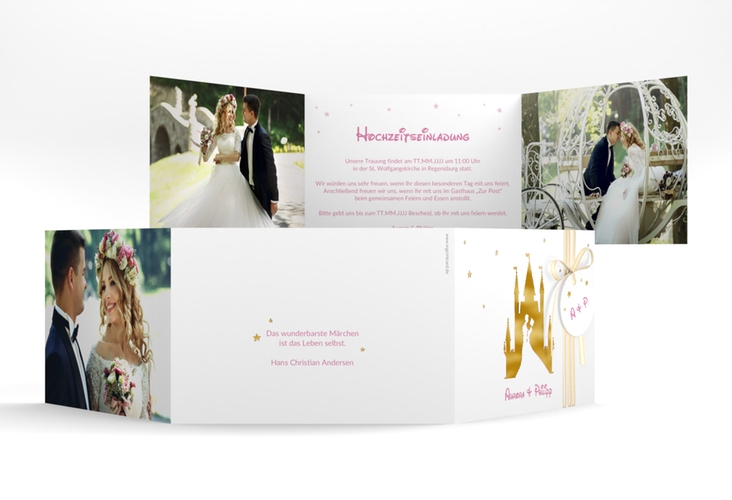 Hochzeitseinladung Castle A6 Doppel-Klappkarte rosa gold