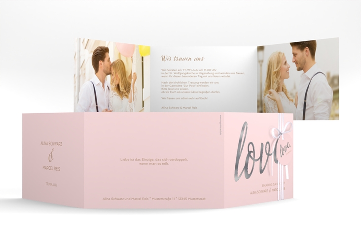 Hochzeitseinladung Glam A6 Doppel-Klappkarte rosa silber