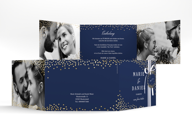 Hochzeitseinladung Glitter A6 Doppel-Klappkarte blau gold