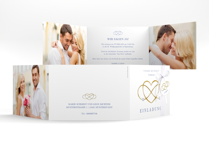 Hochzeitseinladung Infinity A6 Doppel-Klappkarte blau gold