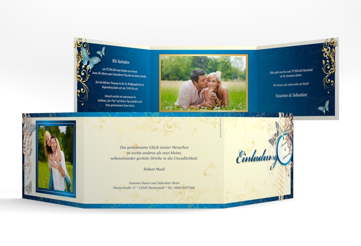 Hochzeitseinladung Toulouse A6 Doppel-Klappkarte blau rosegold