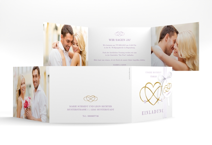 Hochzeitseinladung Infinity A6 Doppel-Klappkarte lila gold
