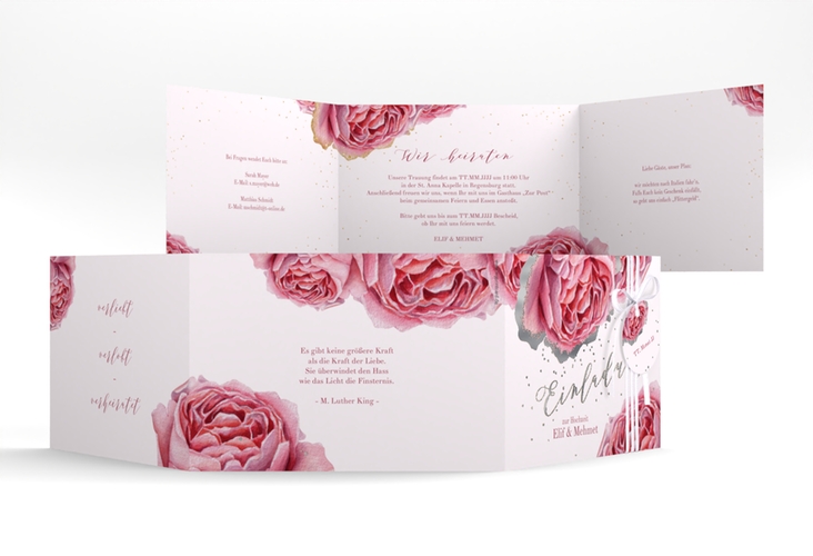 Hochzeitseinladung Cherie A6 Doppel-Klappkarte rosa silber