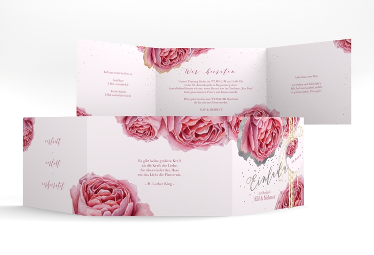 Hochzeitseinladung Cherie A6 Doppel-Klappkarte rosa silber
