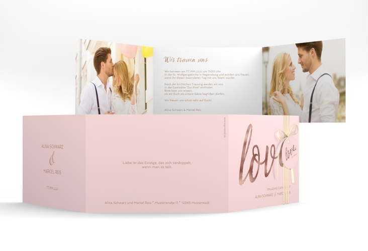 Hochzeitseinladung Glam A6 Doppel-Klappkarte rosa rosegold