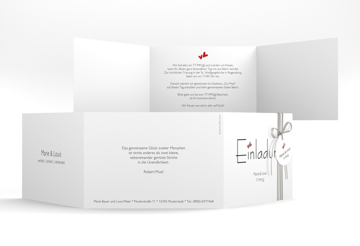 Hochzeitseinladung Twohearts A6 Doppel-Klappkarte rot rosegold