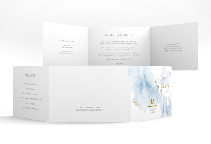 Hochzeitseinladung Pastell A6 Doppel-Klappkarte blau gold