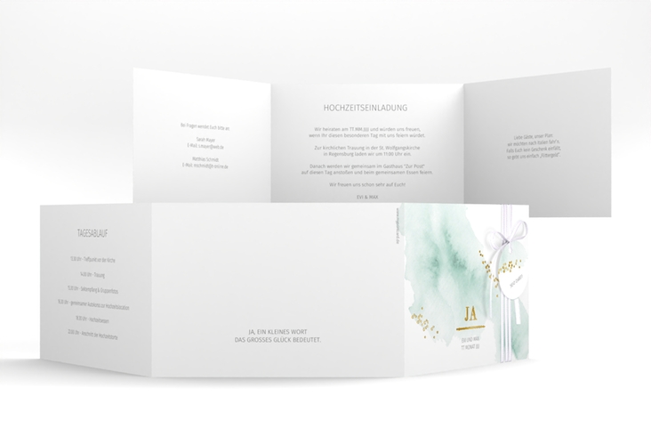 Hochzeitseinladung Pastell A6 Doppel-Klappkarte mint gold