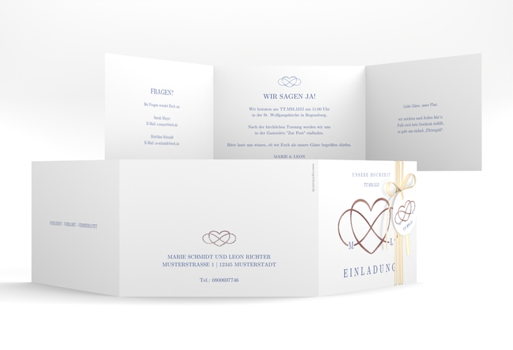 Hochzeitseinladung Infinity A6 Doppel-Klappkarte blau rosegold