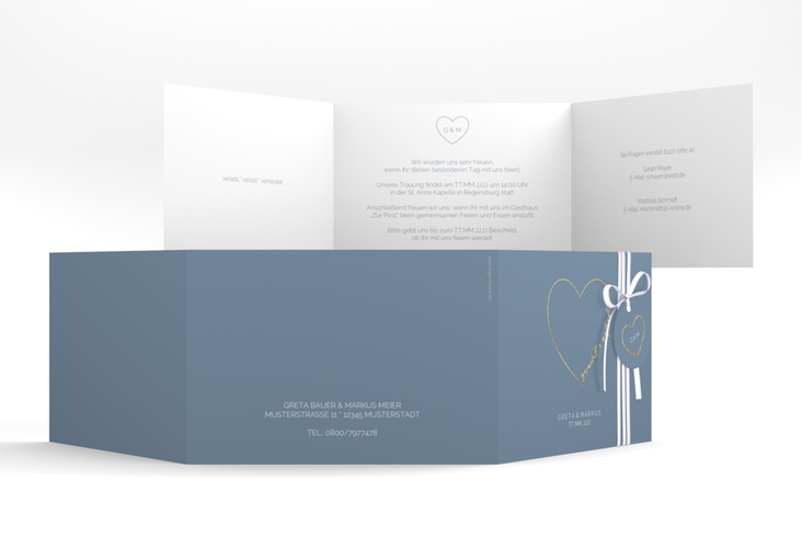 Hochzeitseinladung Lebenstraum A6 Doppel-Klappkarte blau gold
